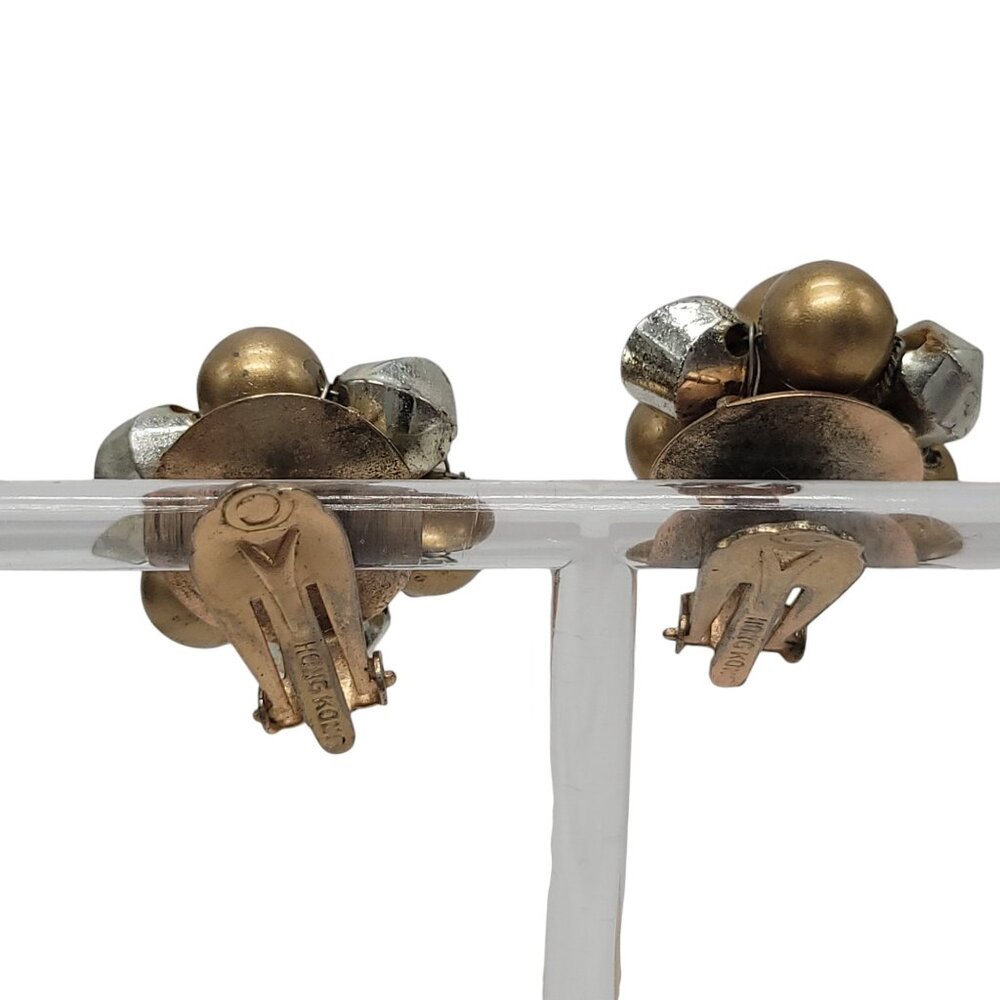 Vintage Gold & Silver Tone Cluster Clip-On Earrings Made In Hong Kong - Picture 7 of 9